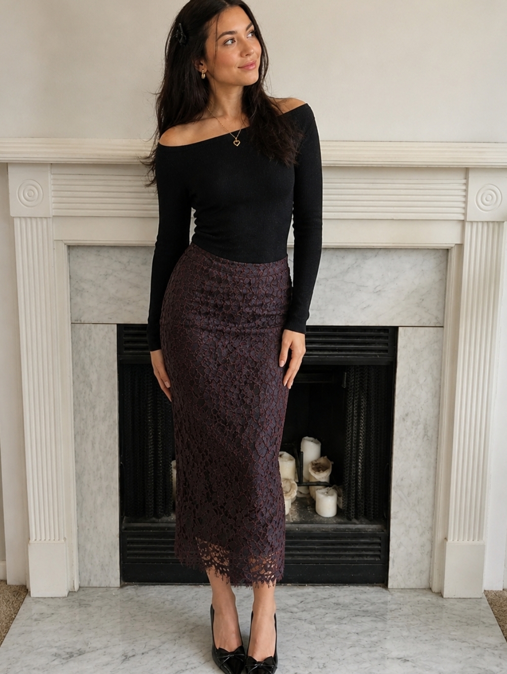 Vintage Y2K Gunne Sax by Jessica McClintock Black Red Lace Midi Pencil Skirt XS